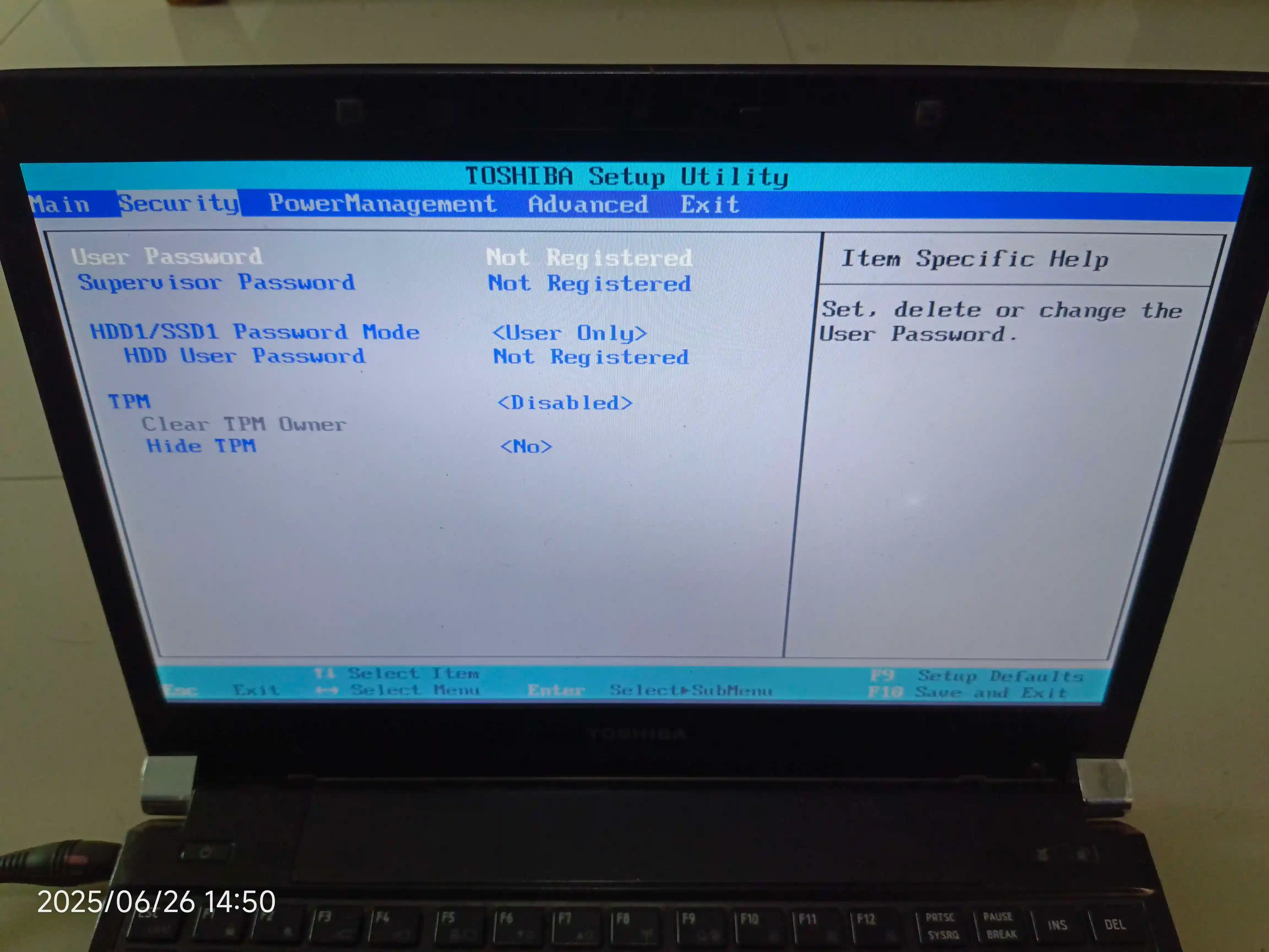 toshiba bios security section